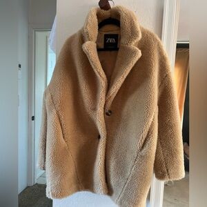 Zara Neutral Brown Tan Button Oversized Sherpa Teddy Fleece
Jacket Coat Small